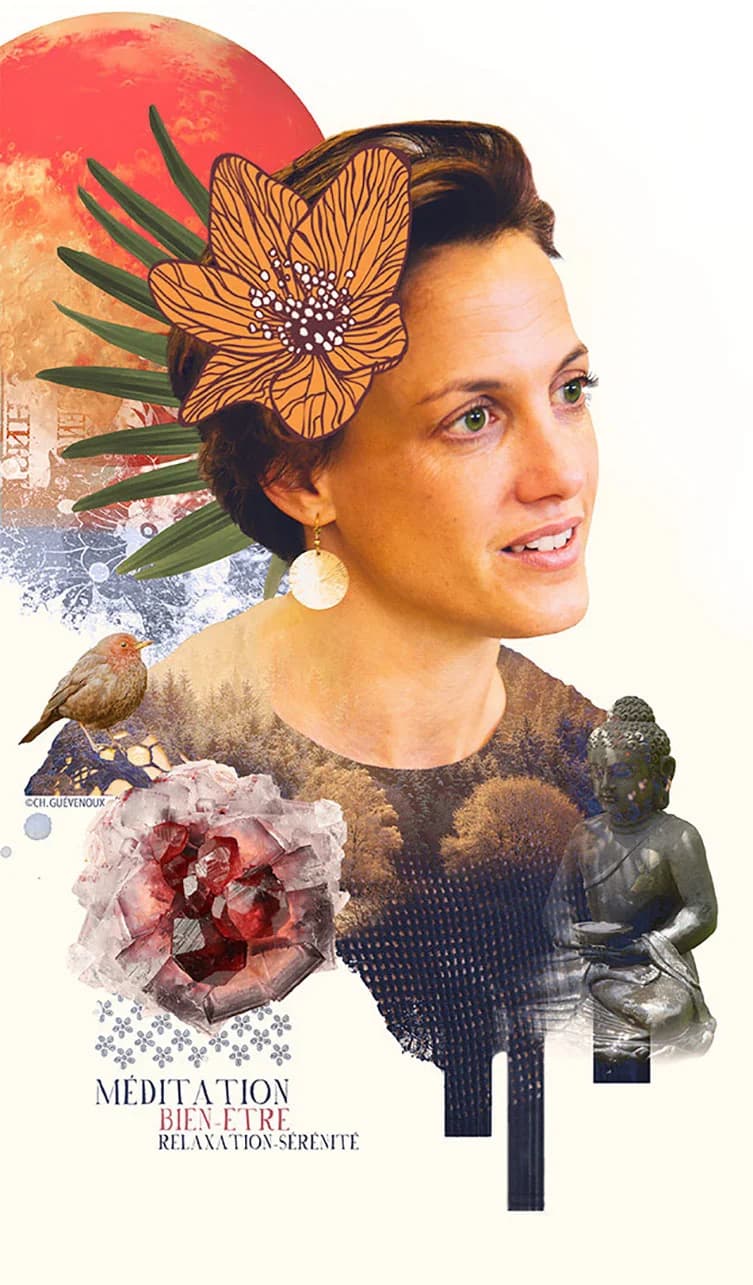 Visuel artistique du Salon du bien-être : portrait, fleurs et symboles de méditation
