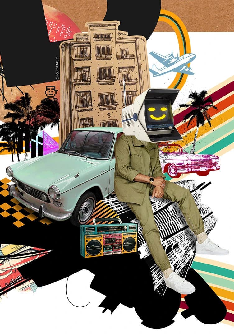 Visuel artistique du salon Vintage : voiture rétro, ghetto-blaster et collage des années 60-80