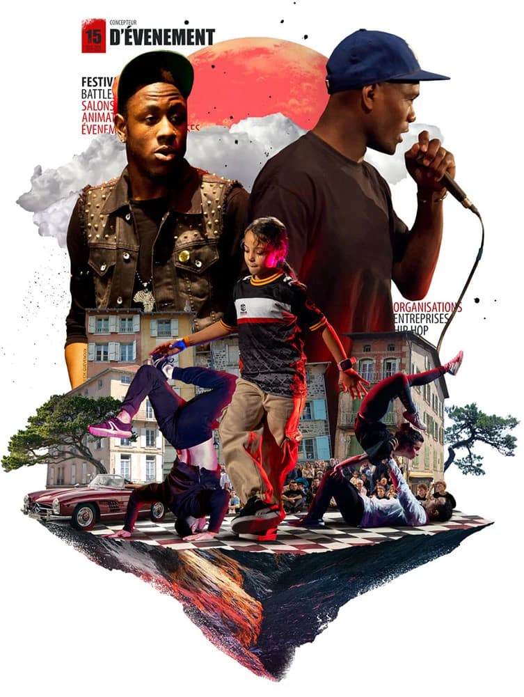 Collage illustrant l'univers de Production Directe : cultures urbaines, festivals et salons thématiques